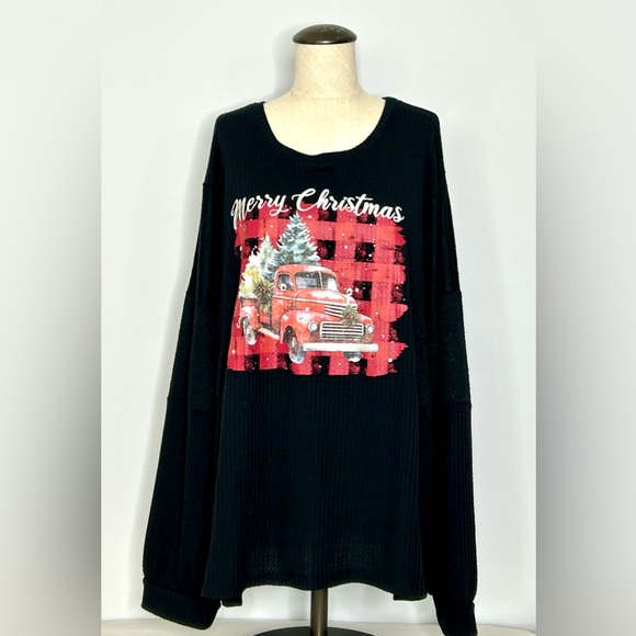Black Waffle Knit Long Sleeve Pullover “Merry Christmas” Holiday Top size 26-28 - Picture 1 of 8